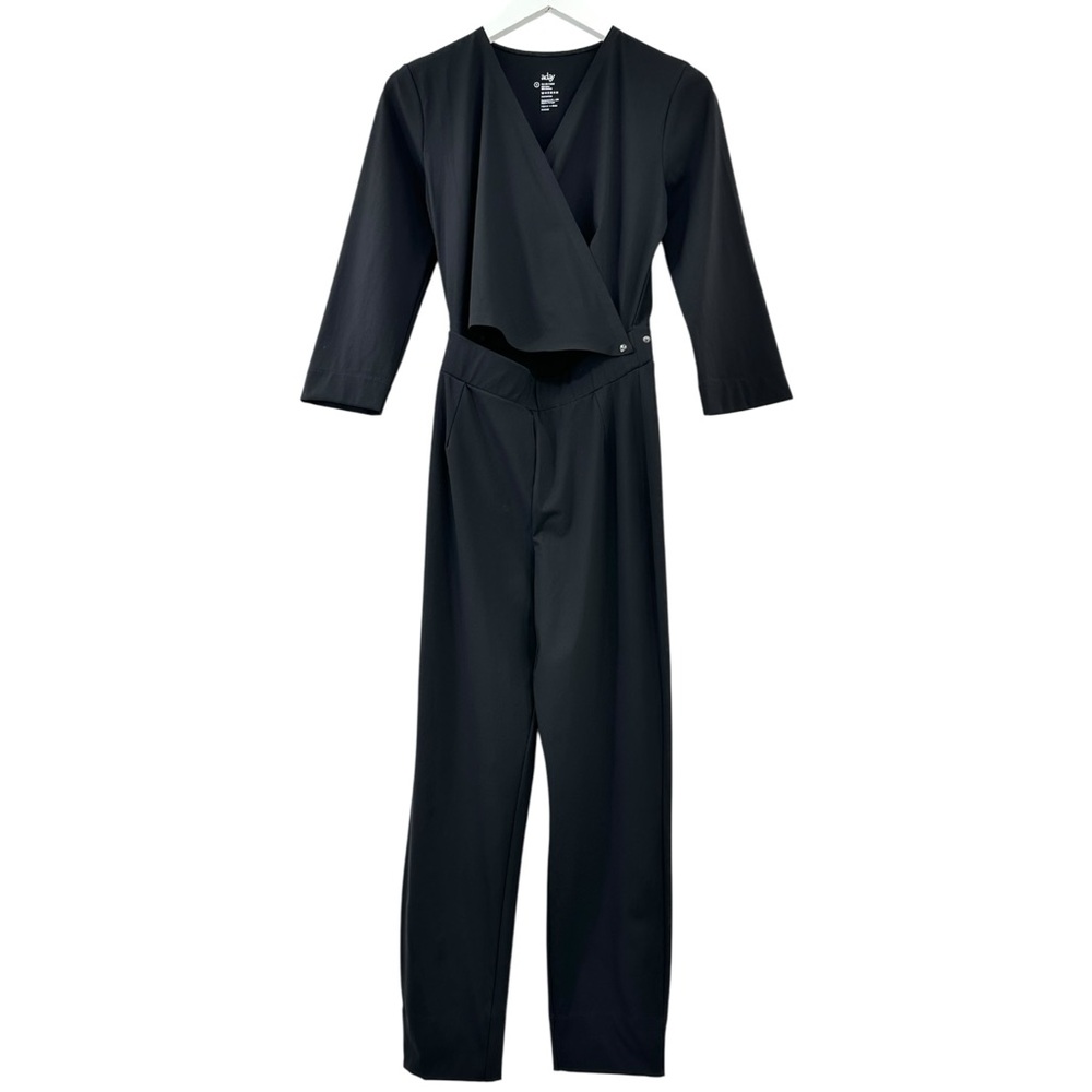 ADAY Destination Jumpsuit - Black Slim Leg 3/4 Sleeve Wrap Top Jumpsuit sz S